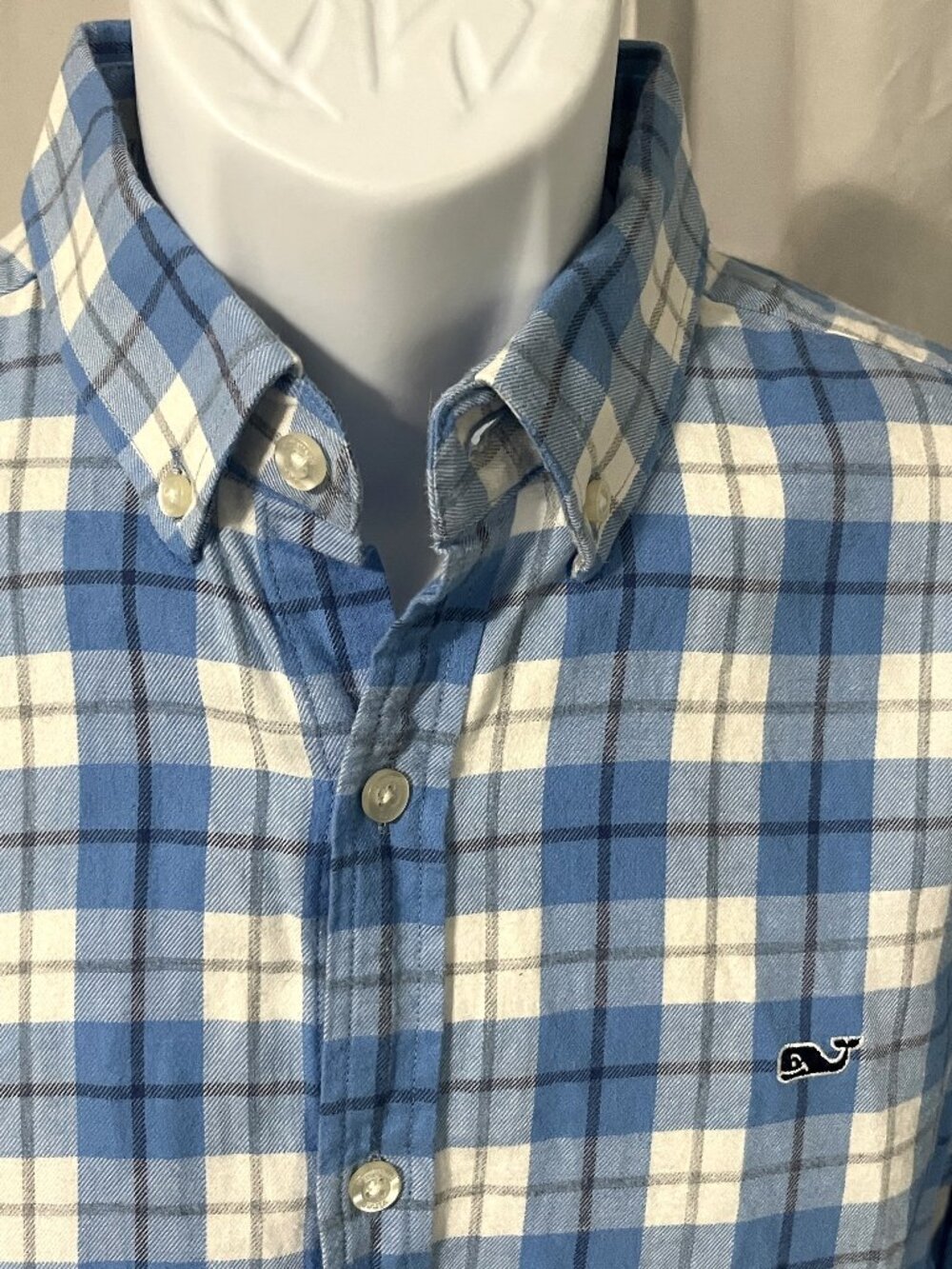 👔 Vineyard Vines Men's White & Blue Plaid Slim Fit Long Sleeve Shirt Small S 👔